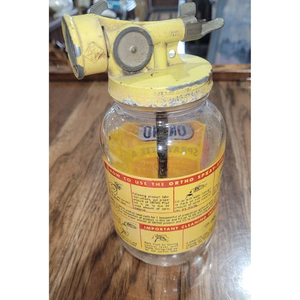 Vtg ORTHO SPRAY-ETTE 2 Duraglas Glass Insect Hose Spray Bottle Yellow Metal Top